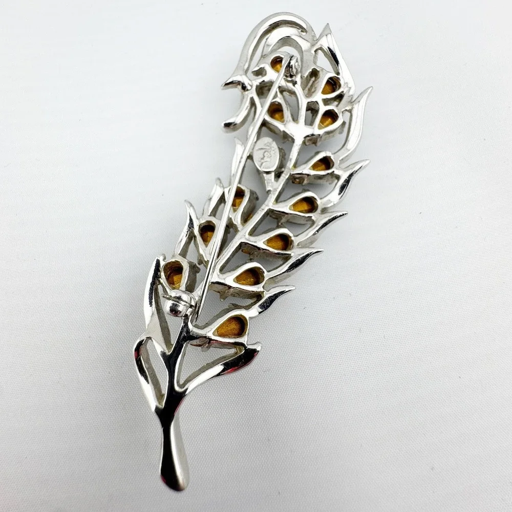 Ledo‎ Vintage Silver Tone Blue Rhinestone Feather Brooch Pin Costume Jewelry
